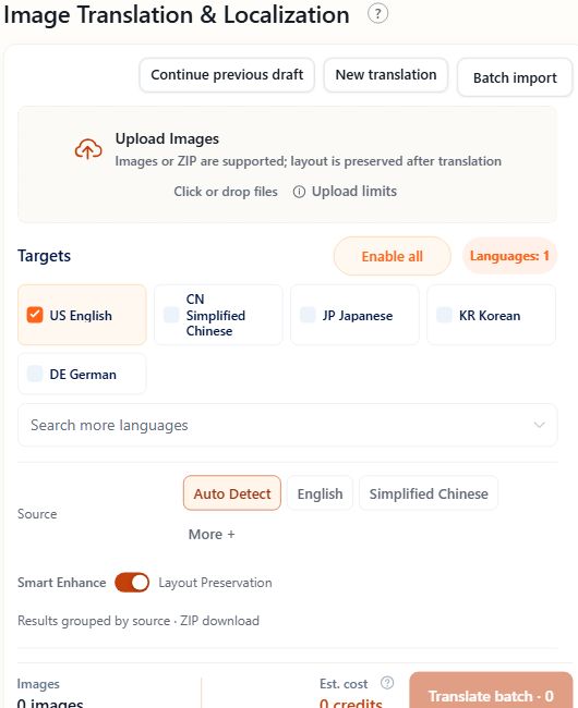 SellPix AI image-translation controls for uploads, target languages, source detection and layout preservation