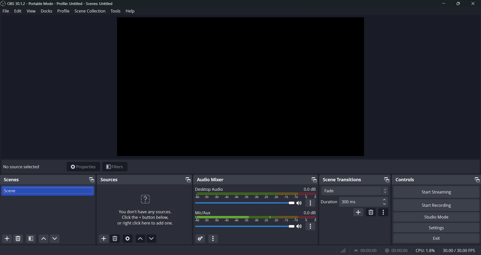 OBS Studio 30.1.2 on Windows, showing preview, Scenes, Sources, Audio Mixer and Controls