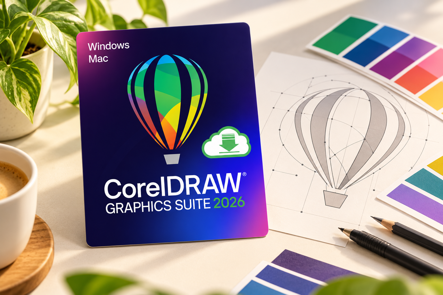 示意图：CorelDRAW Graphics Suite 2026 PC Mac digital-cover identity based on ASIN B0GKL81ZJ6; AI illustration