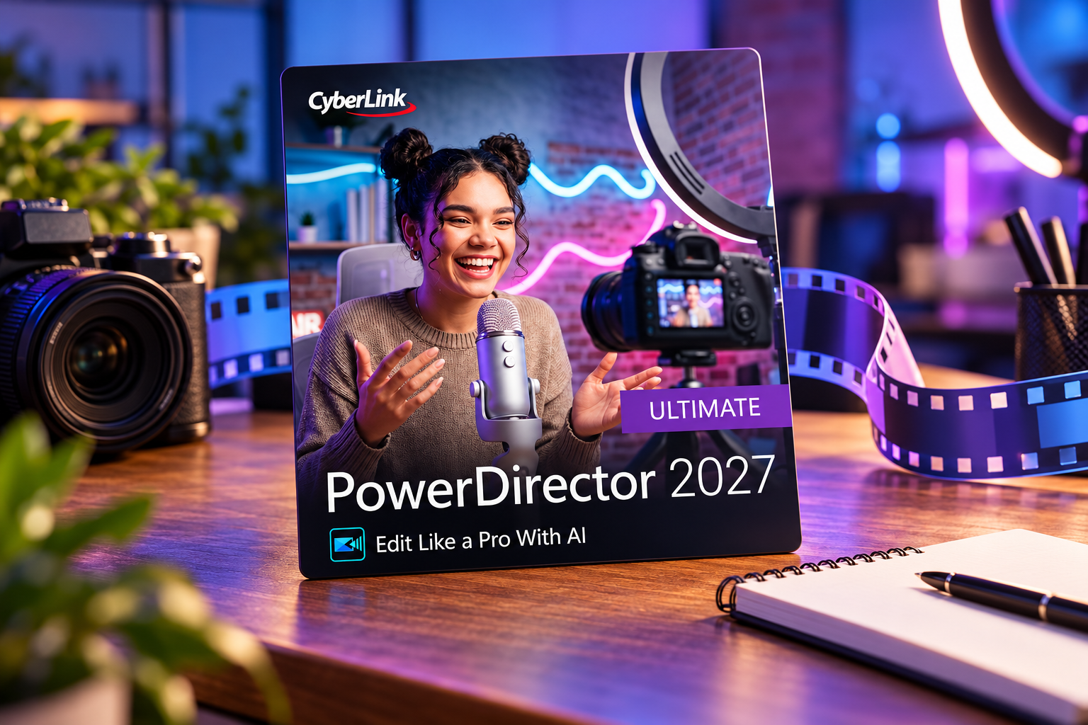 示意图:PowerDirector 2027 Ultimate digital-cover identity reconstructed from ASIN B0HJ6SR4H7; AI illustration
