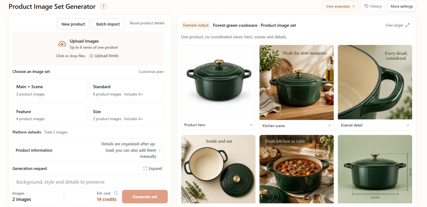 SellPix AI live product-image-set workspace, with upload controls, set choices and the built-in cookware example