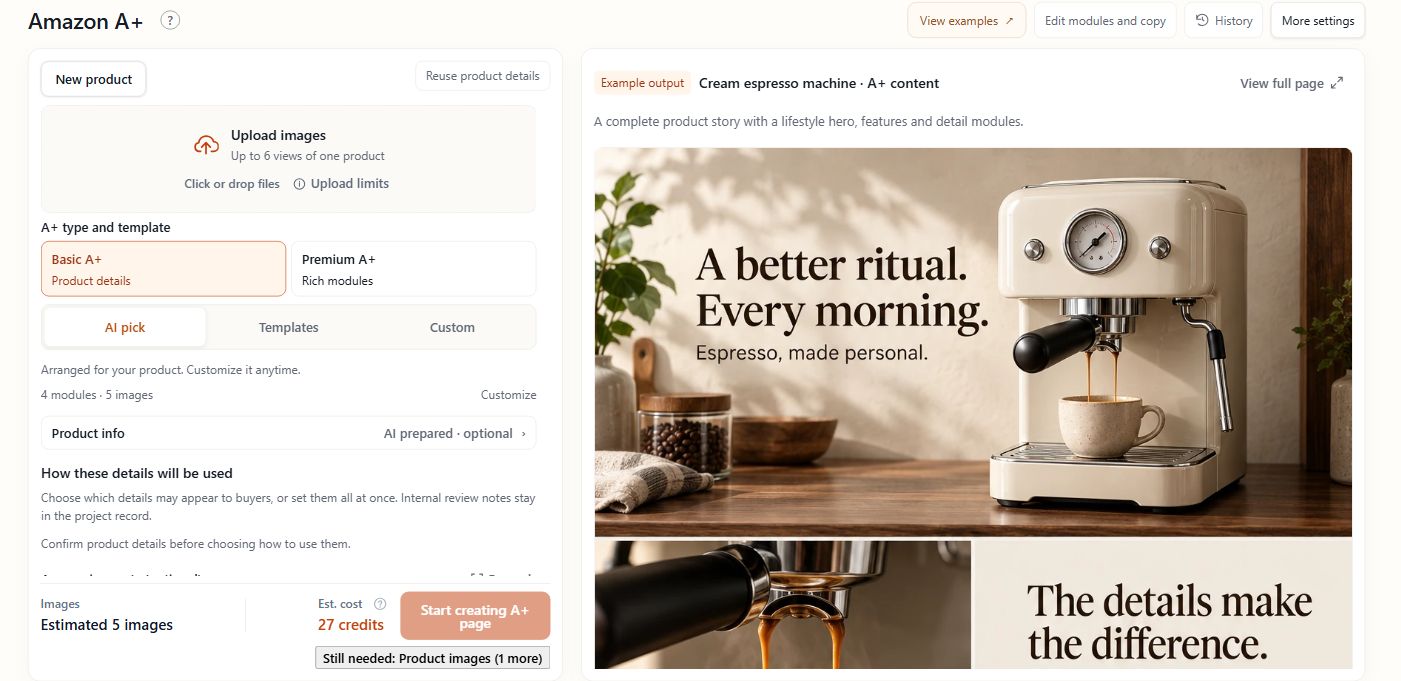 SellPix AI live Amazon A+ workspace, with Basic and Premium choices, composition options and a built-in coffee-machine example