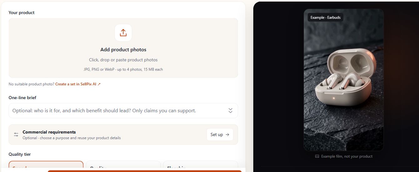SellPix Video Ads live tool showing product-photo upload, a one-line brief, commercial requirements and the built-in earbuds example